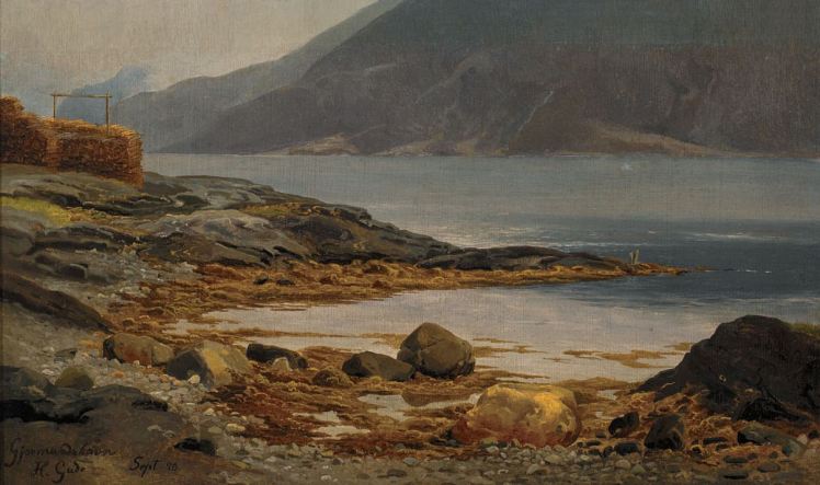 Gjermundshavn in Hardanger. Schilderij in romantische stijl door de Noorse landschapsschilder Hans Gude, 1850. 