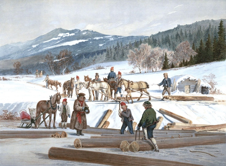 Houttransport. Illustratie door Johan Fredrik Eckersberg voor het boek Norske Folkelivsbilleder door Adolph Tidemand, 1858. (Nasjonalbiblioteket, Oslo)