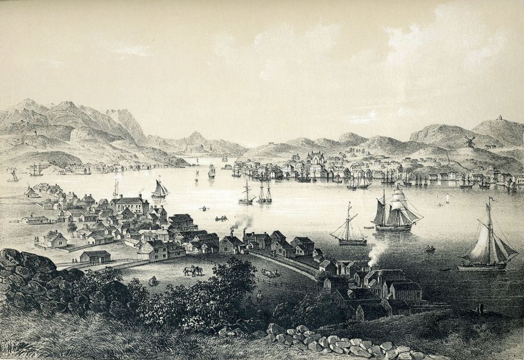De haven van Kristiansund in 1848. Tekening door Arne Larsen.